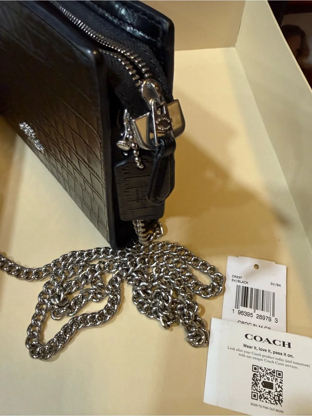 Coach Black Croc-Embossed Leather Chain Crossbody Bag